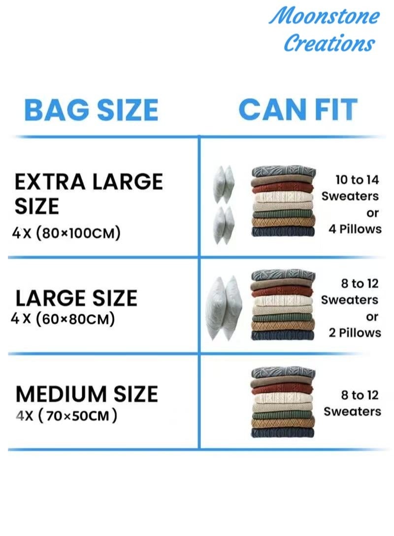 Moonstone Creations 12-Pack Vacuum Storage Bags with Manual Pump, Space Saver Compression Bags for Clothes, Bedding, Duvets, Pillows & Travel – 4 XL (80×100cm), 4 Large (60×80cm), 4 Medium (50×70cm) - Image 2